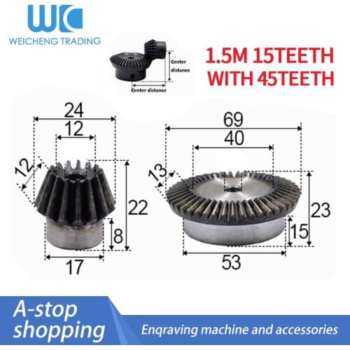 2pcs 1:3 Bevel Gear 1.5 Modulus 15Teeth hole 6mm + 45 teeth Inner Hole 8mm 90 Degree Drive Commutation Steel Gears