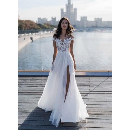 2021 Boho Sexy Sheer Scoop Neck Short Sleeves Tulle Wedding Dress платье with Side Slit Lace Appliuque robe de soirée de mariage