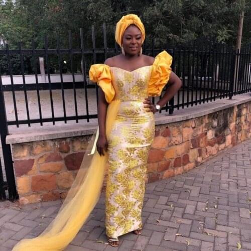 Aso Ebi Yellow Prom Dresses For Black Girls V Neck Ruffles Short Sleeves Lace Evening Gowns For Women Plus Size Party Dress