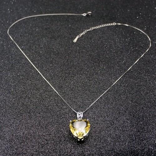 Hermosa Unique Heart Shape YellowCitrine Silver Plated For Women Charms Pendant Chain Necklace 20 Inch