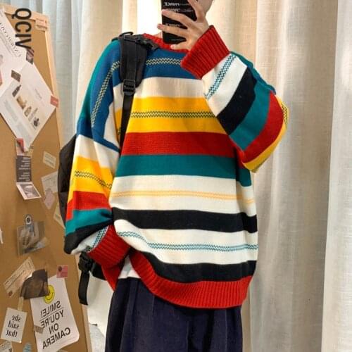 Color Striped Sweater Mens Fashion Casual O-neck Sweater Pullover Men Streetwear Loose Knitting Sweaters Male Sweter Clothes