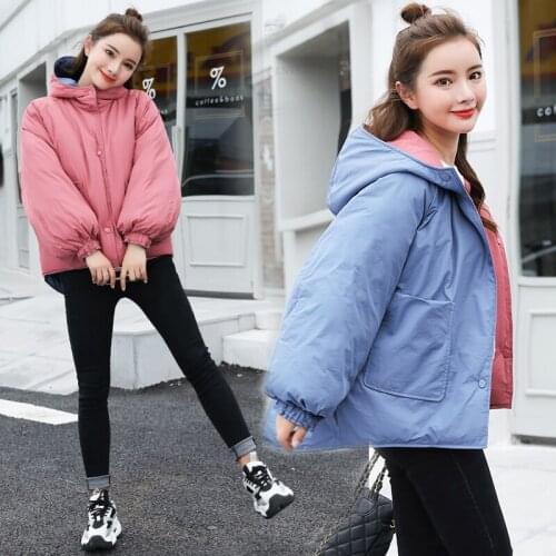 Two sides wear Korean women large size hooded coat student coat thick loose padded