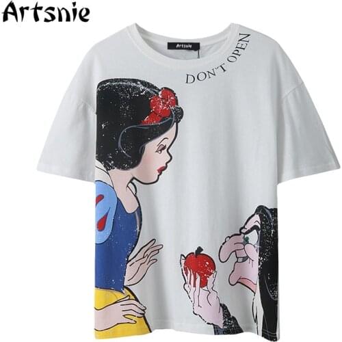 Artsnie summer white casual cartoon print t shirt women o neck short sleeve oversized tops femme streetwear cute t-shirt mujer