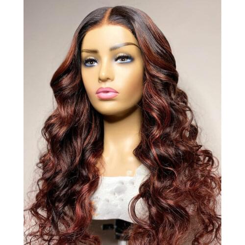 Highlight Dark Yellow Long Wave Lace Frontal Human Hair Wig Middle Part Glueless Lace Wig 24 Inches Long Remy Hair For Women