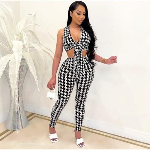 Hirigin Women Chic Houndstooth Printed Tied Front Matching Pant Set Two-Piece Suits Vintage Skinny Club Wear Workout Overalls