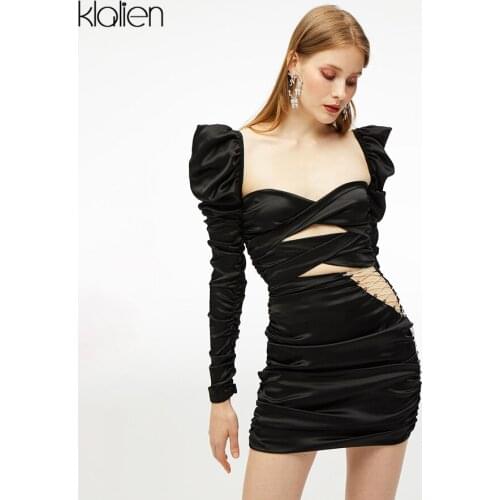 KLALIEN Autumn Sexy Hollow Out Skinny Solid Mini Dress Women Casual High Street Fashion Party Vacation Christmas Dress 2020 New
