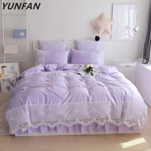Light Purple cotton silk Bedding sets Queen King Tribute Silk Duvet cover Bed skirt Pillowcases 4pcs Princess lace bedclothes