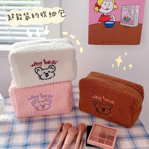 Korea Bear Cosmetic Bag Women Flannel Large Capacity Make Up Pouch Student Pencil Case Girls Travel Cosmetic Storage Organizer