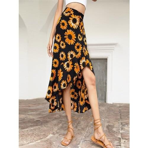 Summer Women Elastic High Waist Floral Print Skirt Boheme Sunflower Irregular Hem Skirt 2021 Beach Vacation