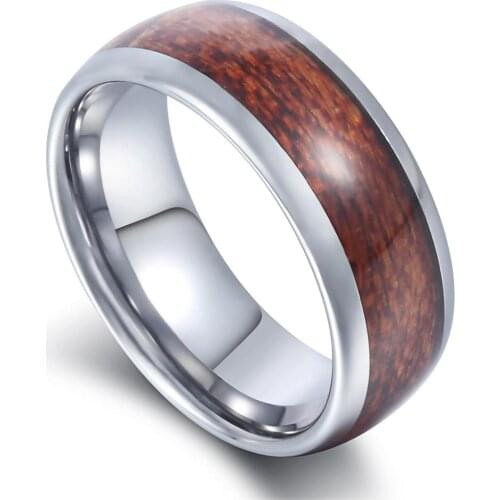 8mm Mens Rings Brown Wood Inlay Tungsten Silver Color Carbide Band Ring Standard Fit Wedding Engagement Jewelry Gifts LTR16