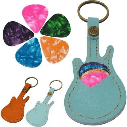Genuine Leather Guitar Picks Holder Guitar Accessories Key Chain Guitar Plectrums Bag Case with 5 Picks