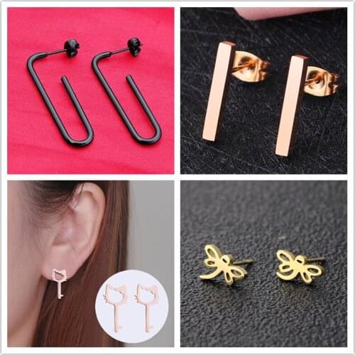 Oly2u Punk Dainty Smooth Black Color Paper Clip Long Stick Stud Earrings Stainless Steel Lovely Cat Key Dragonfly Jewelry