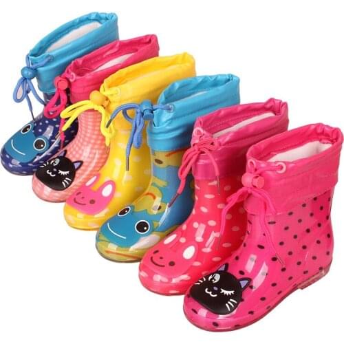 Autumn Winter Kids Girls Boys Rain Boots Fleece Cartoon Children Ankle Boots Cartoon Print Girls Boys Winter PVC Boots Shoes