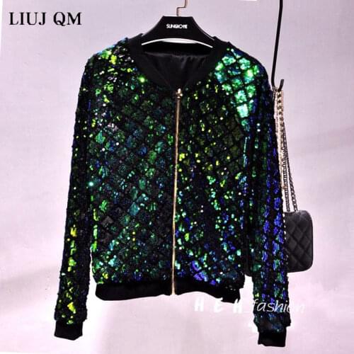 Autumn Women Jacket New Blingbling Sequin Women Coat European Short Jackets Baseball Uniform Harajuku V-neck Basic Jacket Female