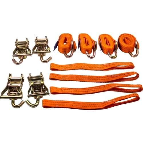 4x Professional Car Transport Tension Belt Wheel Securing Tire Belt Cars Ratchet Tie Down 2 Ton / 2000Kg X 2.9 Meters X 35mm