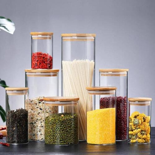 Transparent Glass Food Storage Canisters Corks Cover Jars Bottles for Sand Liquid Food Eco-Friendly Glass Bottles With Bamboo Li