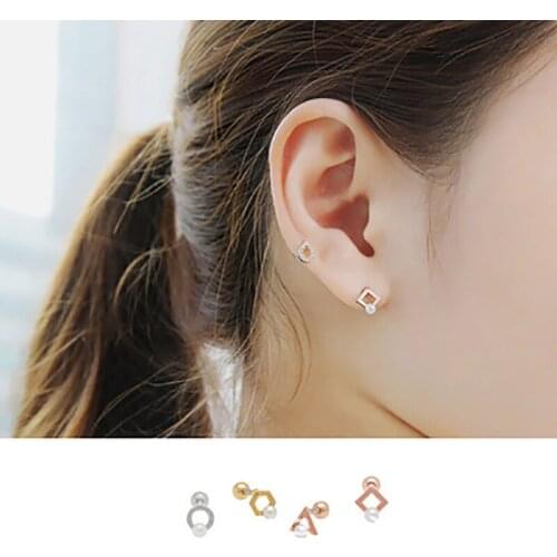 NEW 925 Sterling Silver Earring Fashion Round Triangle Hexagon Square Screw Ear Ring Cute Sweet Ear Bone Nail Female Ear Jewelry