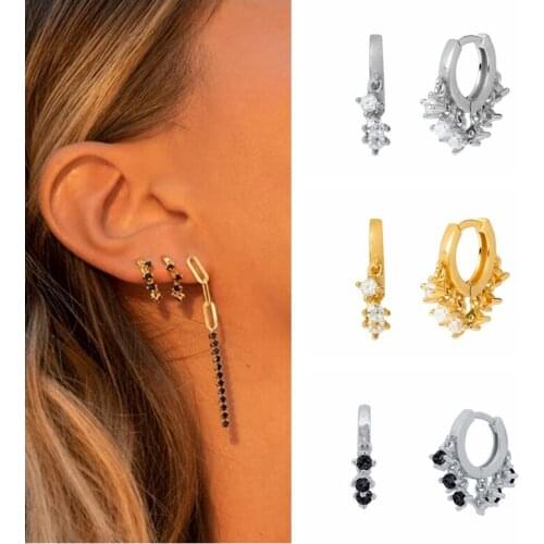 925 Sterling Silver Huggie Hoop Earrings for Women Black White CZ Crystal Hanging Prevent Allergy Earrings Girl Fashion Jewelry