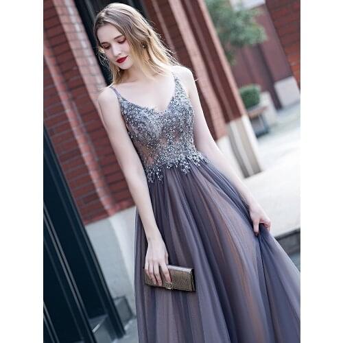 Bead V-Neck Spaghetti Strap Evening Dress Luxury Sexy Sleeveless A Line Long Party Prom Gowns Backless Wedding Graduation Dress