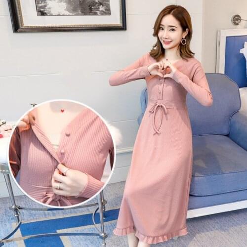 Spring Moms Slim Nursing Long Dress Autumn Drawstring Sashes Cotton Maternity Nursing Dress for Pregnant Women Breastfeeding Hot