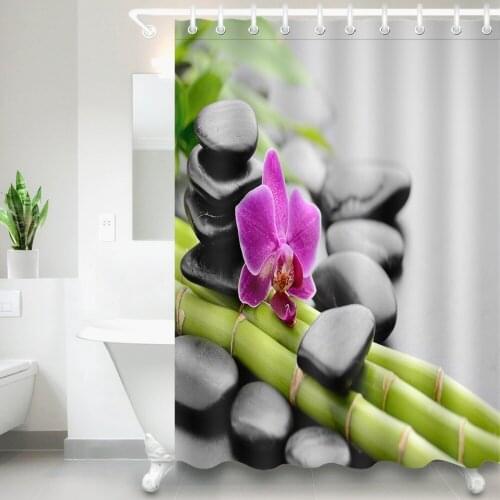 Waterproof Spa White Shower Curtain Flower Polyester Fabric Bamboo Leaf Black Stone Bathroom Curtains for Bathtub Home Decor