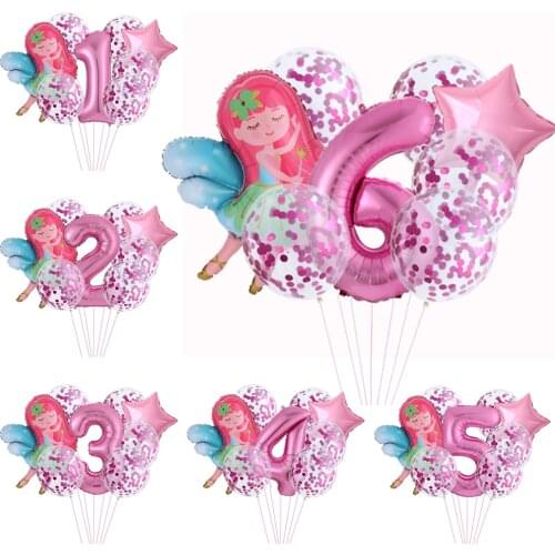 8pcs/set Pink Number Balloon Little Fairy Girl Foil Ballon Confetti Globos for Baby Kids Girl Birthday Party Decoration Supplies