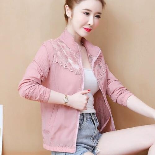 Hollow Out Pink White Lace Sun Protection WomenS Clothes Spring Summer Zipper Baseball Cardigan Jacket Windbreaker Coat 2021