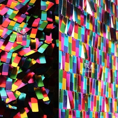 Embroidered Sequin Gauze Fabric Rainbow Rectangle Sequins DIY Stage Clothes Props Decor Skirt Wedding Dress Designer Fabric