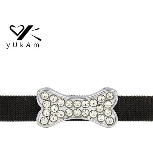 YUKAM Jewelry Silver Color Rhinestones Dog Bone Slide Charms for 10mm Leather Wrap Pets Cat Collar Wristband Accessories Making