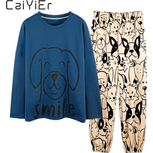 CAIYIER Women Pajamas Set Cute Little Dog Print Cotton Cartoon Nightwear Long Sleeve+Pant Sleepwear Girl Fashion Winter Homewear