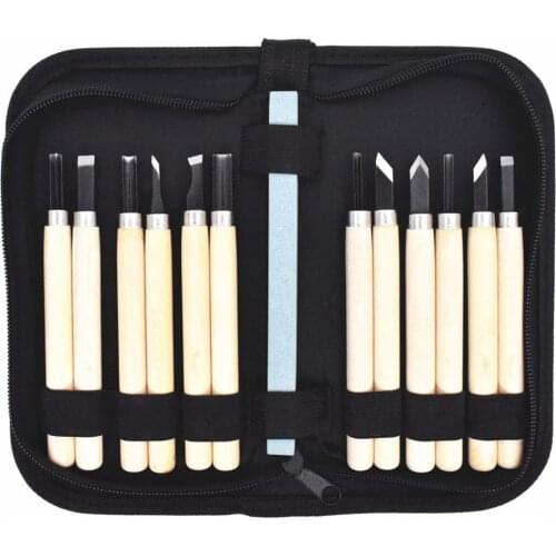 12pcs Wood Carving Chisel Kit Woodcut Knife Rust Proof With Two Sides Grindstone Tool Bag For Beginners Carpenter