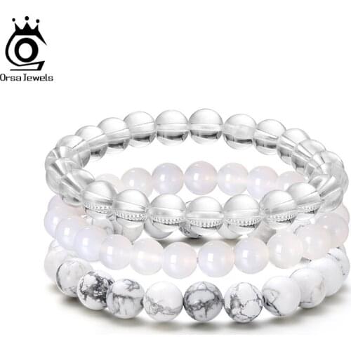 ORSA JEWELS 3Pc/Sets Natural Stone Elastic Men Bracelet Howlite Agate Stone Charms Beads Bracelets Sets for Women 8mm GMB37