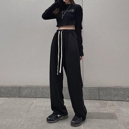 Black Cusual Pants Women Spring Summer Drawstring wide-leg pants Jogger Trousers With Harajuku Elastics High Waist Streetwear
