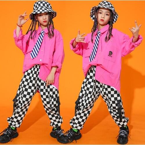 Kids Hip Hop Clothes Loose Long Sleeve Pink Shirt Casual Plaid Pants Girls Jazz Street Dancing Show Clothing Rave Wear BL5810