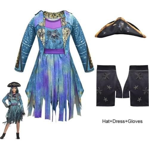 Descendants 3 Cosplay Costume For Teen Girl Dress Halloween Uma Children Up Disguise Frock+Hat+Gloves Outfit Kid Tunic Cloth