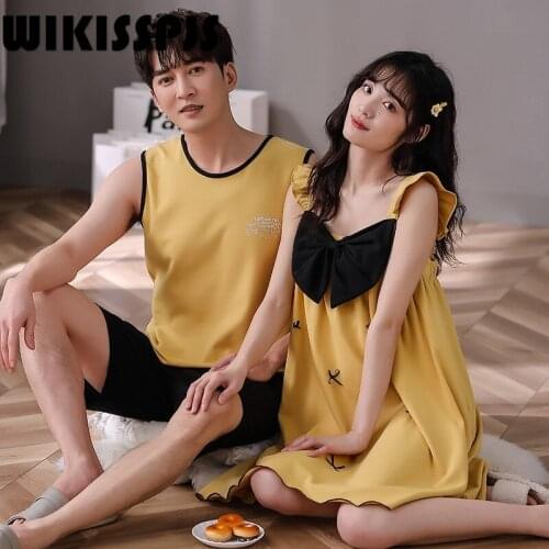 2021Summer New Pure Cotton Couples Sexy Suspender Nightdress Leisure Comfortable Home Clothes Lounge Wear Two Piece Set Summer