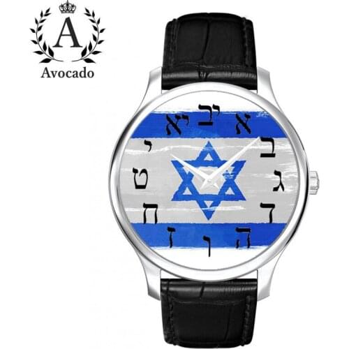 New MenS Watch Israel Blue And White Flag Leather Hebrew Digital Quartz WristWatch