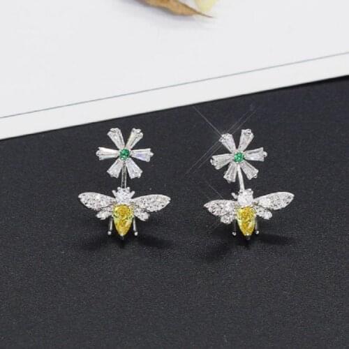QTT New Hanging Earrings Cute Honeybee Flower CZ Charms Earrings Yellow Zircon Stone Silver 925 Jewelry Wedding Party