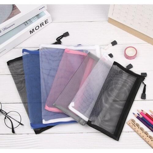 1PC Pure Color Mesh Pencil Case Simple Transparent Mesh Document Bag Zipper Stationery Bag Nylon Bag Office School Supplies