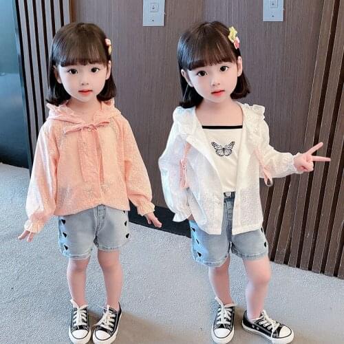 Solid Girls Lace up Sunscreen 0- 9 Years Old Childrens Clothing Long Sleeve Girls Outerwear Hooded Baby Kids Casual Clothes