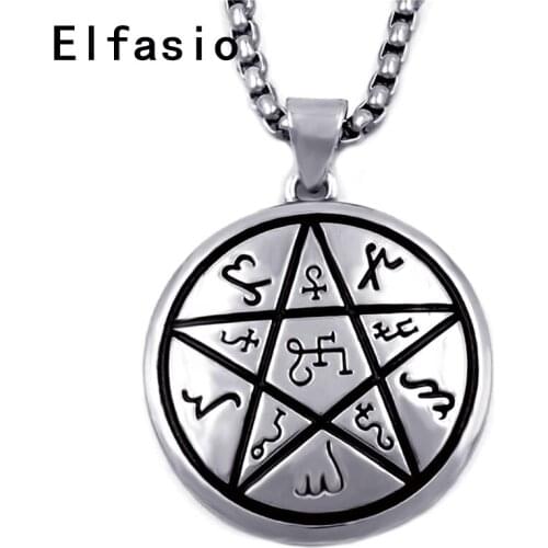 Mens Boys Pewter Pendant Alchemical Theban Heremetic Wiccan Pentacle Star Pagan Amulet Stainless steel Necklace Chain P323