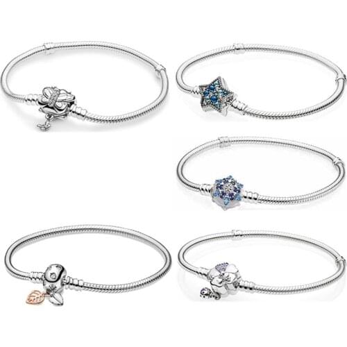 Original Bright Star Crystalized Snowflake Clasp Snake Chain Bracelets Fit Pandora Bangle 925 Sterling Silver Charm Jewelry