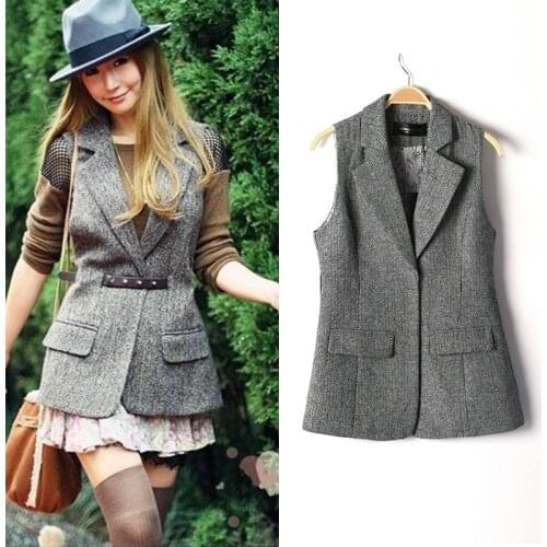 British Style Plus Size Autumn and Spring Slim Woolen Suit Vest Women Herringbone Waistcoat