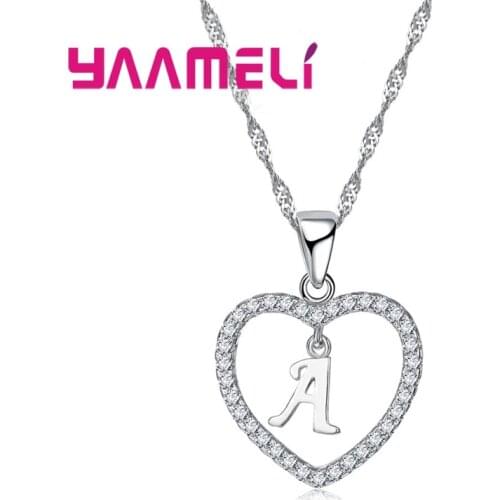 Romantic Heart Design 26 Letters Necklace Pendant Super Shiny Cubic Zirconia 925 Sterling Silver For Women Girls Gift