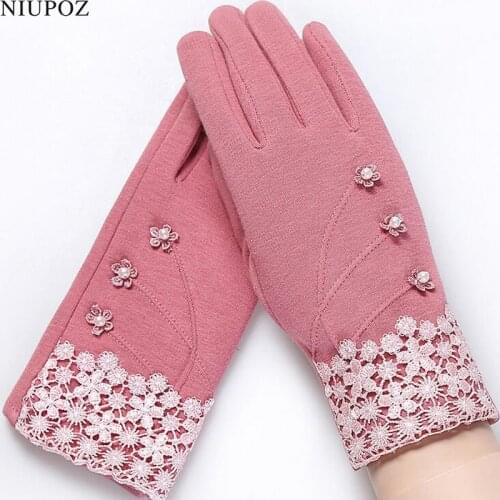 Fashion Elegant Womens Touch Screen Gloves Winter Ladies Lace Warm Cashmere Bow Full Finger Mittens Wrist Guantes Gift 16A-F
