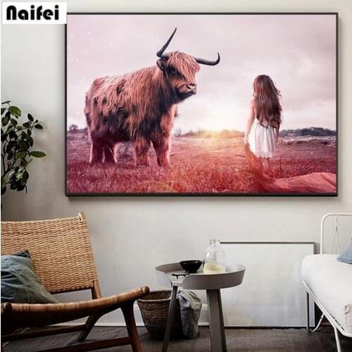 Full DIY Diamond Painting Girl and Highland Cow Cross Stitch Diamond Embroidery Animal Pattern Rhinestones Mosaic Wall Art Decor