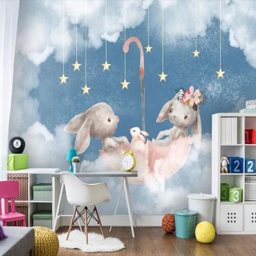 Custom 3D mural wallpaper modern Nordic cartoon cute rabbit child room sky bedroom background wall background wall