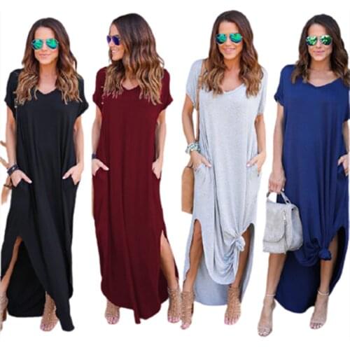 Casual Oversized T-shirt Maxi Dress Elegant Boho V-Neck Short Sleeve With Irregular Hem Beach Party Dresses For Summer Lady Dres
