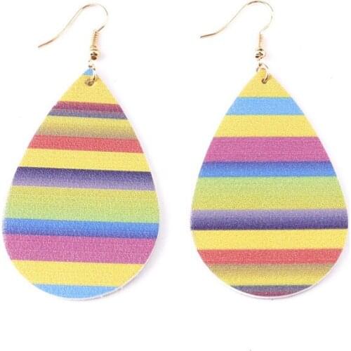ZWPON Rainbow Stripe Print PU Leather Teardrop Earrings for Women Colorful Earrings Jewelry Wholesale