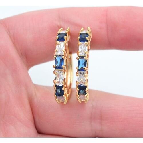 Gold Color Women Stylish White Blue Cubic Zirconia CZ Huggie Hoop Earrings